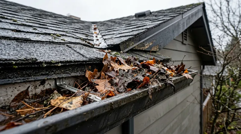 Rain gutter clogged with wet leaves and debris