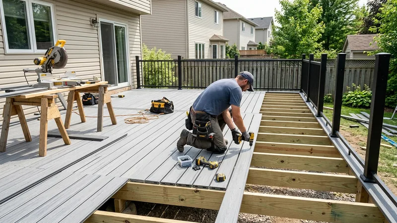 Carpenter fastening composite deck boards onto new pressure-treated framing behind a suburban house