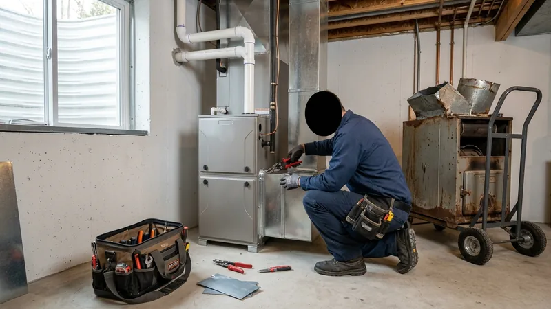 HVAC technician connecting a new gas furnace to ductwork in a basement