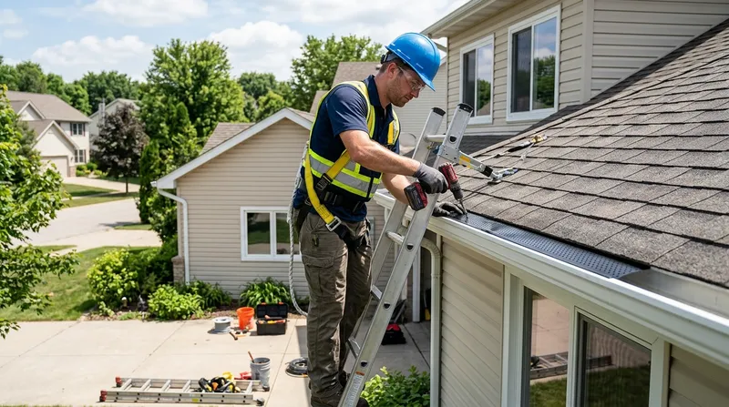 Worker on a ladder installing gutter guards on a suburban house