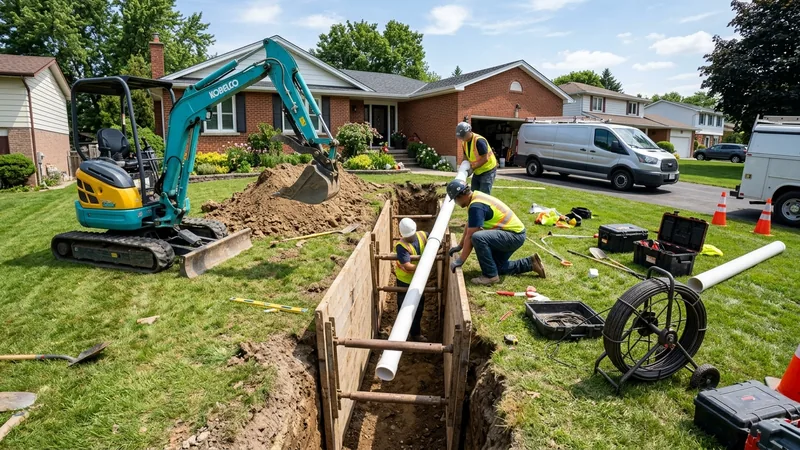 Plumbing crew laying new PVC sewer pipe in an open trench across a front lawn